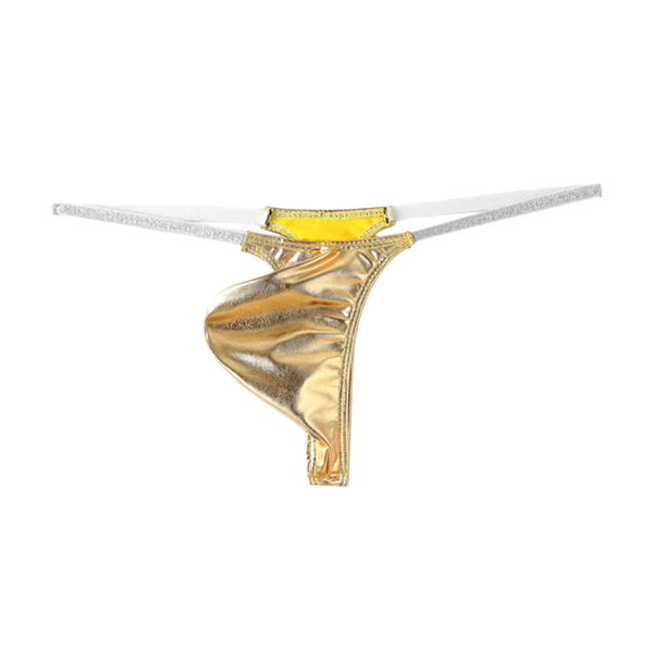 Heren Glanzende G-String – Goud - Sexy Pouch Ondergoed - Mini String - Smalle Zilveren Bandjes - Lage Taille & Hoge Elasticiteit – Ondergoed / Onderbroek / Slip - Mannen Lingerie - One Size