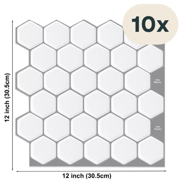 Solusia Zelfklevende Plaktegels - Wit Met Donkere Voegen – 10 Luxe Plaktegels voor Wand – Waterdichte Wandpanelen voor Keuken, Badkamer en Toilet – 30,5 x 30,5 cm – Makkelijk aan te brengen - Tegeltjes Tegelstickers - Hexagon Mozaïek