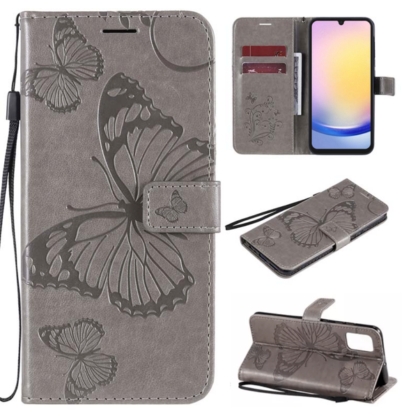 Hoesje Vlinders Grijs - Geschikt voor Samsung Galaxy A25 - Portemonnee Book Case - Boekje Met Kaarthouder / Pasjeshouder en Magneetsluiting - Booklet Beschermhoes - Boekhoesje met Draagkoord