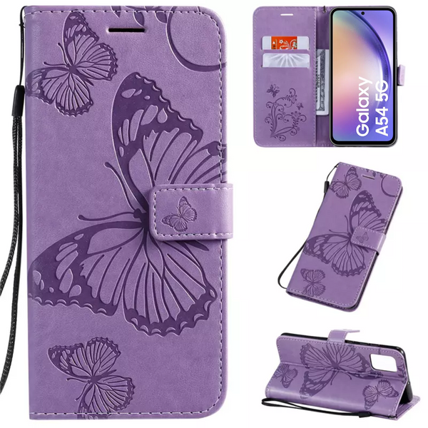 Hoesje Vlinders Paars - Geschikt voor Samsung Galaxy A54 5G - Portemonnee Book Case - Boekje Met Kaarthouder / Pasjeshouder en Magneetsluiting - Booklet Beschermhoes