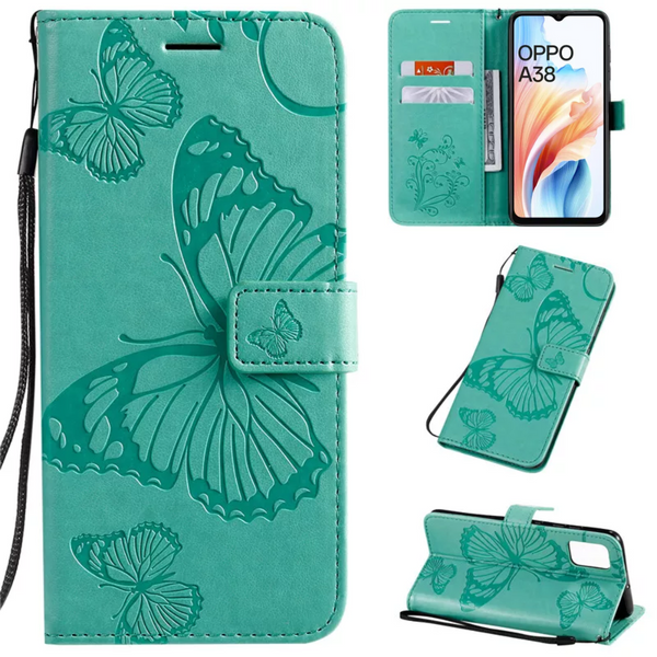 [EOL] Hoesje Vlinders Groen - Geschikt voor OPPO A38 - Portemonnee Book Case - Boekje Met Kaarthouder / Pasjeshouder en Magneetsluiting - Booklet Beschermhoes