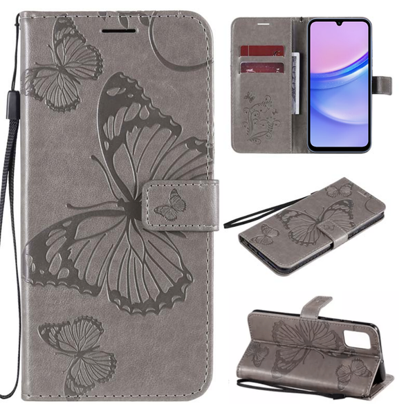 Hoesje Vlinders Grijs - Geschikt voor Samsung Galaxy A15 - Portemonnee Book Case - Boekje Met Kaarthouder / Pasjeshouder en Magneetsluiting - Booklet Beschermhoes - Boekhoesje met Draagkoord