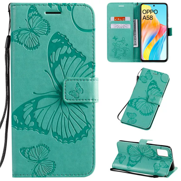 [EOL] Hoesje Vlinders Groen - Geschikt voor OPPO A58 - Portemonnee Book Case - Boekje Met Kaarthouder / Pasjeshouder en Magneetsluiting - Booklet Beschermhoes