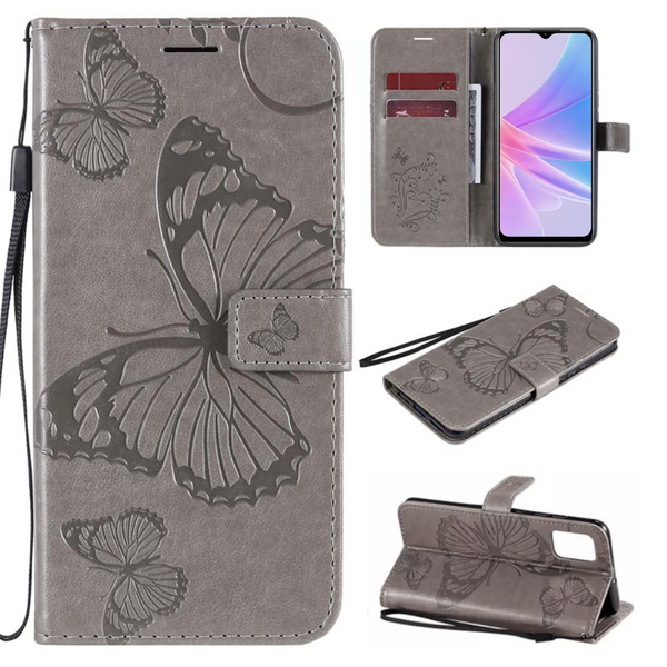 Hoesje Vlinders Grijs - Geschikt voor OPPO A78 5G - Portemonnee Book Case - Boekje Met Kaarthouder / Pasjeshouder en Magneetsluiting - Booklet Beschermhoes - Boekhoesje met Draagkoord