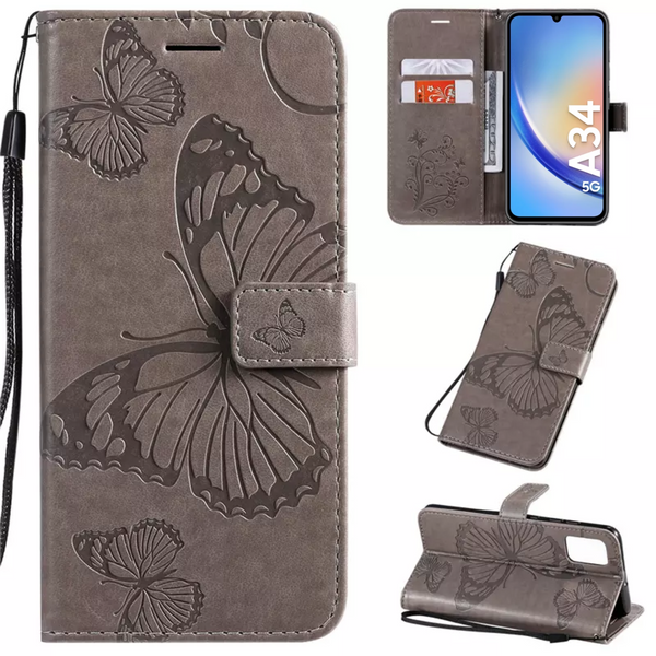 Hoesje Vlinders Grijs - Geschikt voor Samsung Galaxy A34 5G - Portemonnee Book Case - Boekje Met Kaarthouder / Pasjeshouder en Magneetsluiting - Booklet Beschermhoes