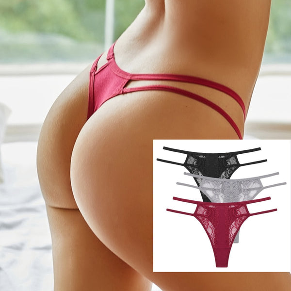 [EOL] Sexy Dames String met Kant - 3 Pack met Grijs, Rood & Zwart - Vrouwen Lingerie / Ondergoed Set - Maat L