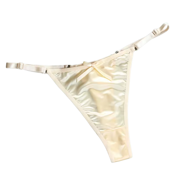 Sexy Satijnen String met Strik - Beige - Schattig - Satijn & Strikje - Dames Onderbroek - Kanten Lingerie / Ondergoed - Maat M