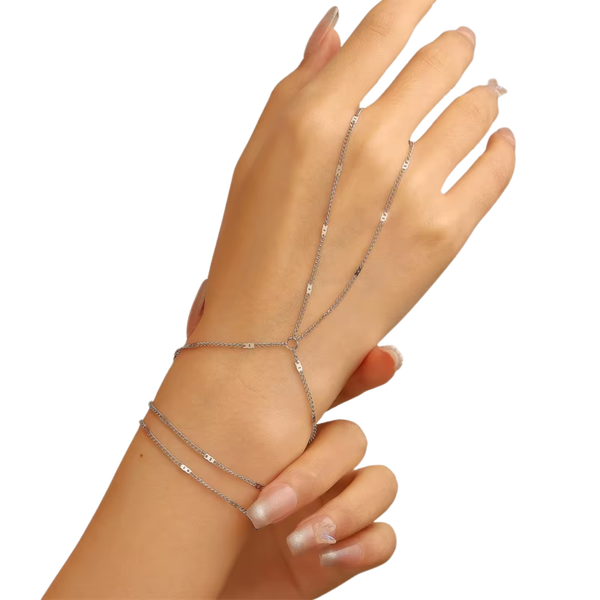 Handketting - Zilver - Ketting Met Plaatjes - Dubbele Armband - Handsierraad Zilverkleurig - Armband & Ring Dames - Hand Sierraad Ketting