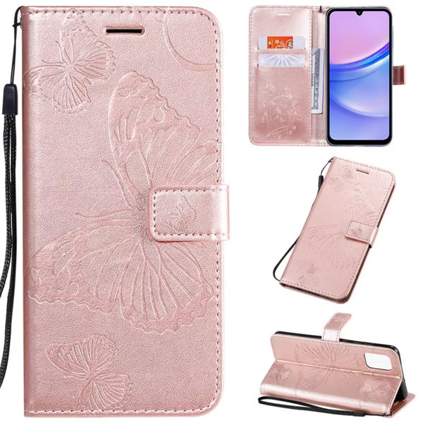 Hoesje Vlinders Roze - Geschikt voor Samsung Galaxy A15 - Portemonnee Book Case - Boekje Met Kaarthouder / Pasjeshouder en Magneetsluiting - Booklet Beschermhoes - Boekhoesje met Draagkoord