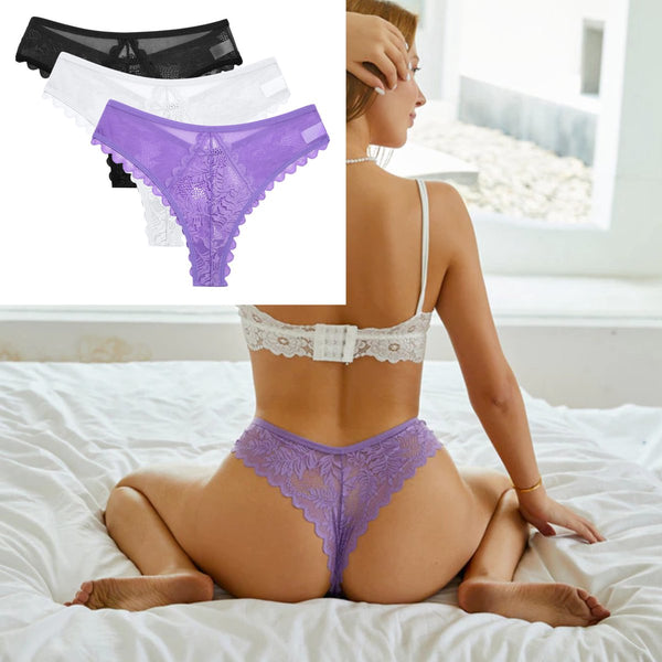 3 Pack - Sexy Brazilian Dames String - Kant - Paars, Wit en Zwart - Dames Lingerie / Ondergoed Set - Maat XL