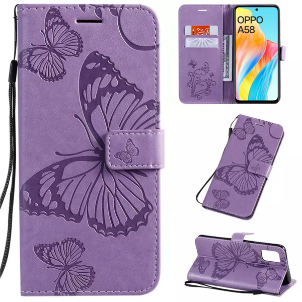 [EOL] Hoesje Vlinders Paars - Geschikt voor OPPO A58 - Portemonnee Book Case - Boekje Met Kaarthouder / Pasjeshouder en Magneetsluiting - Booklet Beschermhoes