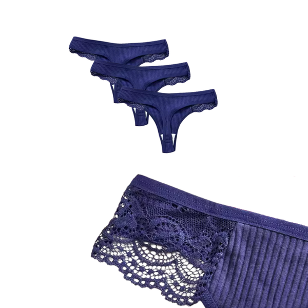 3 Pack - Sexy Dames Strings Blauw - 95% Katoen - Comfortabel en Zacht Kant - String Met Kanten Design - Onderbroeken en Slips voor Vrouwen - Dames Lingerie / Ondergoed Set - Maat XL