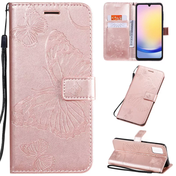Hoesje Vlinders Roze - Geschikt voor Samsung Galaxy A25 - Portemonnee Book Case - Boekje Met Kaarthouder / Pasjeshouder en Magneetsluiting - Booklet Beschermhoes - Boekhoesje met Draagkoord