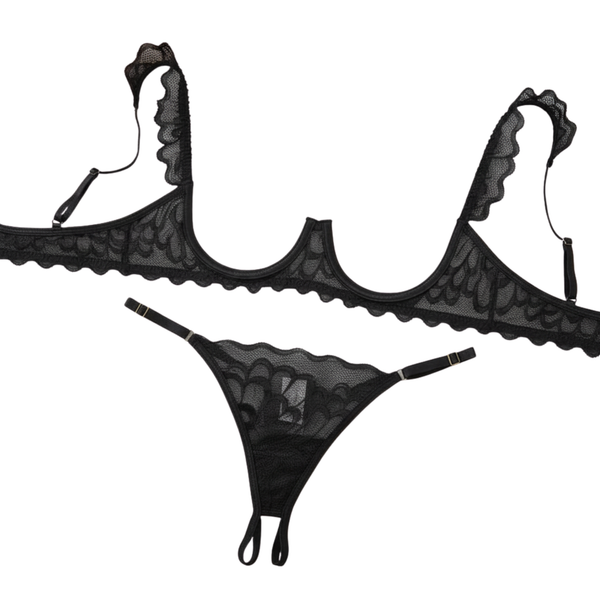 Sexy Dames Lingerieset – Zwart – Tweedelige Lingerie Set - Open BH - String Met Open Kruis - Met Verstelbare Bandjes - Ondergoed Voor Vrouwen - Maat M