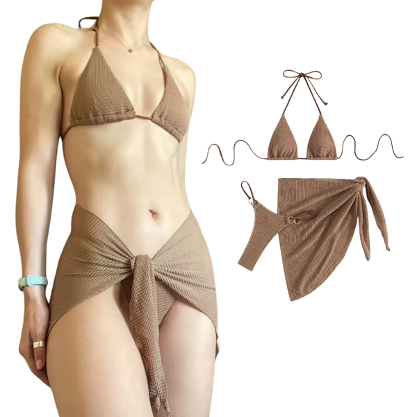 Dames Bikini Set 3 Delig – Beige Bruin - Badkleding / Strandkleding – Driedelige Bikini Set - Halter Bikinitop Zonder Beugel, Bikinislip, Omslagdoek Rok - Vrouwen & Dames - Maat XL