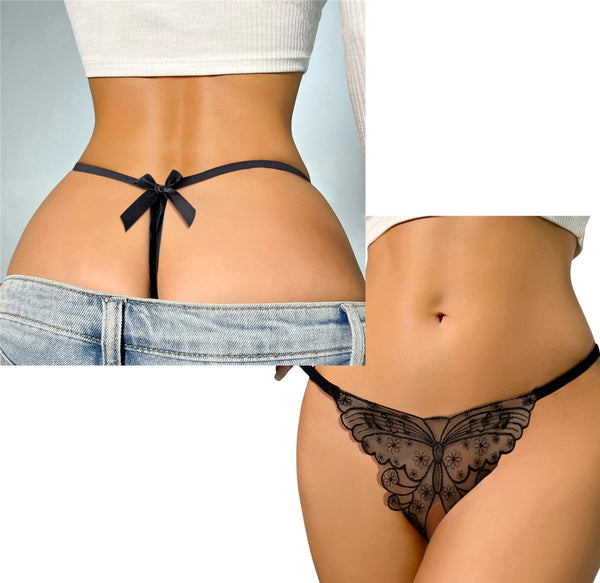 Sexy G-String met Vlinder - Open Kruis - Zwart - Erotisch Design met Kant - Dames String - Lingerie / Ondergoed - Maat M