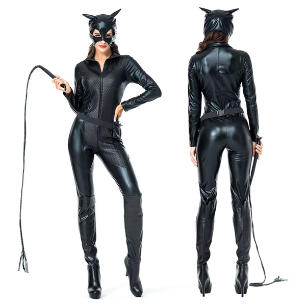 Sexy Cat Woman Kostuum - 4-delig Zwart Verkleedpakje - Masker, Jumpsuit, Zweep en Riem - Rollenspel / Cosplay - Lingerie Ondergoed voor Dames - Maat S