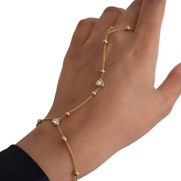 Handketting - Goud - Ketting Met Hartjes & Bolletjes - Handsierraad Goudkleurig - Armband & Ring Dames - Hand Sierraad Ketting