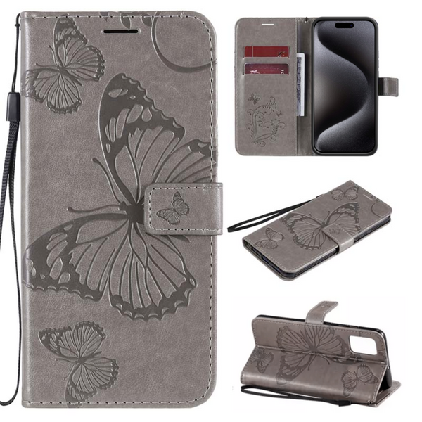 Hoesje Vlinders Grijs - Geschikt voor Apple iPhone 15 Pro - Portemonnee Book Case - Boekje Met Kaarthouder / Pasjeshouder en Magneetsluiting - Booklet Beschermhoes - Boekhoesje met Draagkoord