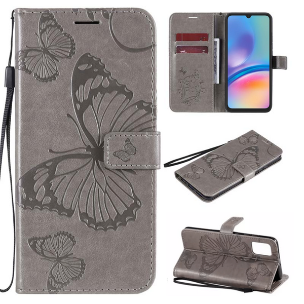 Hoesje Vlinders Grijs geschikt voor Samsung Galaxy A05s - Portemonnee Book Case - Boekje Met Kaarthouder / Pasjeshouder en Magneetsluiting - Booklet - Wallet Beschermhoes - Telefoonhoesje