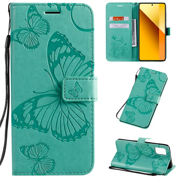 Hoesje Vlinders Groen - Geschikt voor Xiaomi Redmi Note 13 5G  - Portemonnee Book Case - Boekje Met Kaarthouder / Pasjeshouder en Magneetsluiting - Booklet - Wallet Beschermhoes - Telefoonhoesje