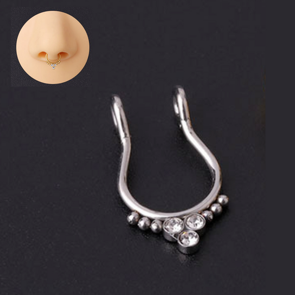 Fake Neuspiercing Zilver - Zilverkleurig met Diamantjes - Nep Neuspiercing Septum - Neusring - Nep Piercing Ringetje - RVS Roestvrij Staal - 8 mm