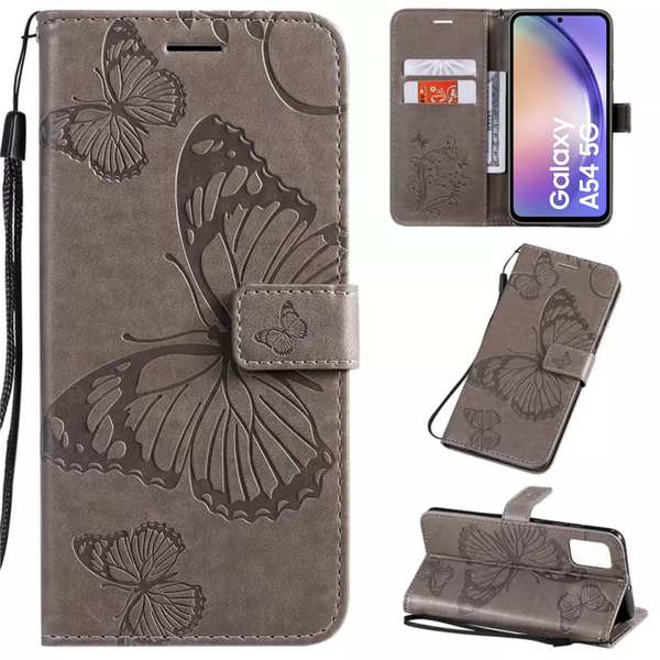 Hoesje Vlinders Grijs - Geschikt voor Samsung Galaxy A54 5G  - Portemonnee Book Case - Boekje Met Kaarthouder / Pasjeshouder en Magneetsluiting - Booklet Beschermhoes