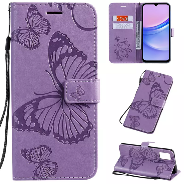 Hoesje Vlinders Paars - Geschikt voor Samsung Galaxy A15 - Portemonnee Book Case - Boekje Met Kaarthouder / Pasjeshouder en Magneetsluiting - Booklet Beschermhoes - Boekhoesje met Draagkoord