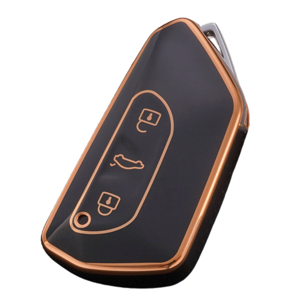 Zachte TPU Sleutelcover - Zwart Goud Metallic - Sleutelhoesje Geschikt voor Volkswagen Golf 8 / ID3 / ID4 / ID5 / ID6 / Seat Leon 2020 / Skoda Octavia 2021 - Sleutel Hoesje Cover - Randen Goud - Auto Accessoires