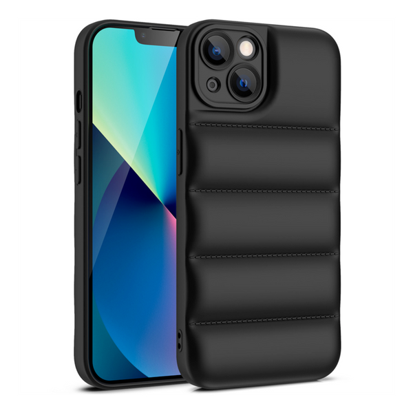 Puffer Case Zwart - Geschikt voor iPhone 13 - Stootvast Hoesje met Camera Bescherming - Winterjas Donsjas Design - Shockproof TPU Back Cover