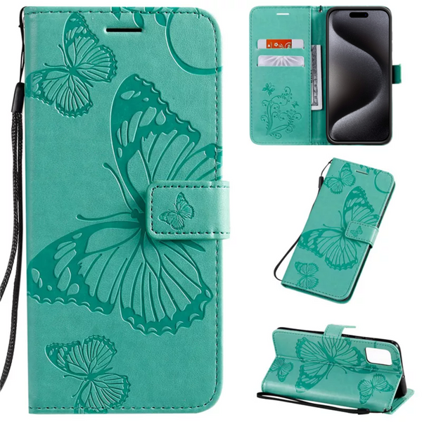 Hoesje Vlinders Groen - Geschikt voor Apple iPhone 15 Pro - Portemonnee Book Case - Boekje Met Kaarthouder / Pasjeshouder en Magneetsluiting - Booklet Beschermhoes - Boekhoesje met Draagkoord