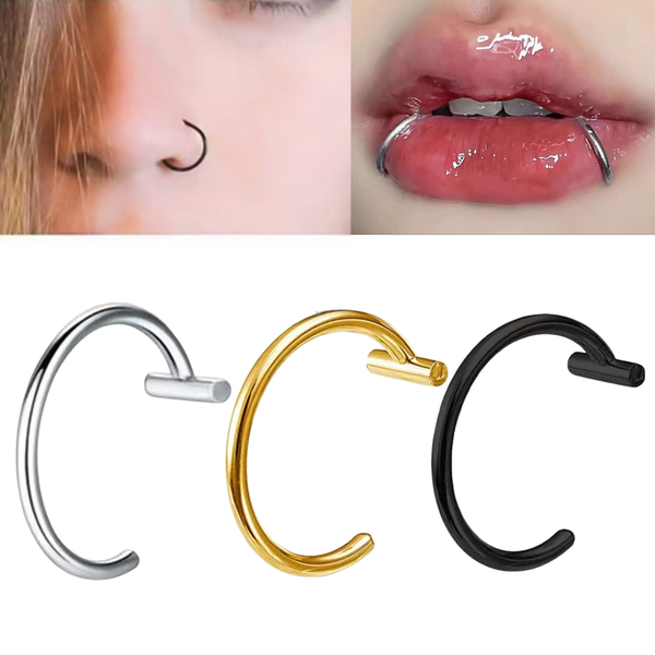 Set Van 3 Fake Piercings - Goud, Zilver en Zwart - Stainless Steel - Lippiercing / Neuspiercing / Oorpiercing - Neusring - Nep Piercing Ring - Verkleedaccessoires - 10mm