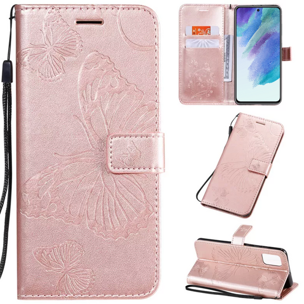 Hoesje Vlinders Roze - Geschikt voor Samsung Galaxy S21 FE - Portemonnee Book Case - Boekje Met Kaarthouder / Pasjeshouder en Magneetsluiting - Booklet - Wallet Beschermhoes - Telefoonhoesje