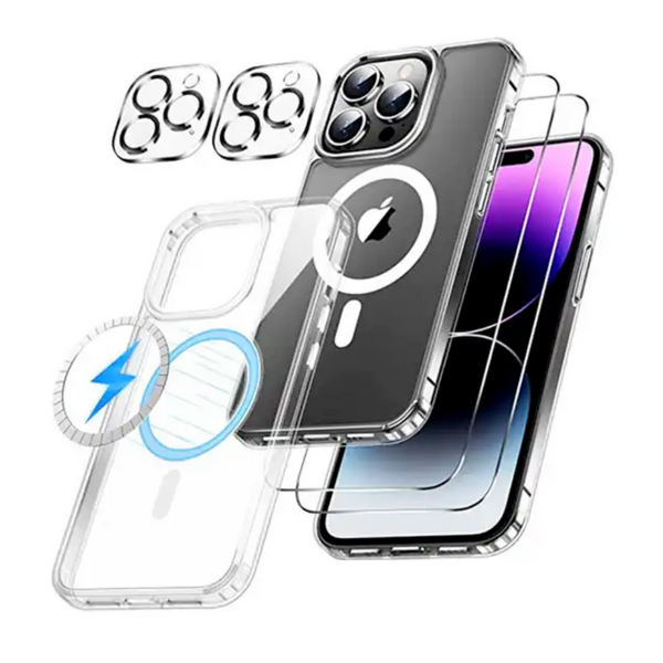 [5 in 1] Magnetisch Hoesje Geschikt voor iPhone 15 Pro - 2 Screenprotectors - 2 Camera Lens Protectors - Stevig Doorzichtig TPU Magneet Hoesje - Tempered Glass Scherm Protector
