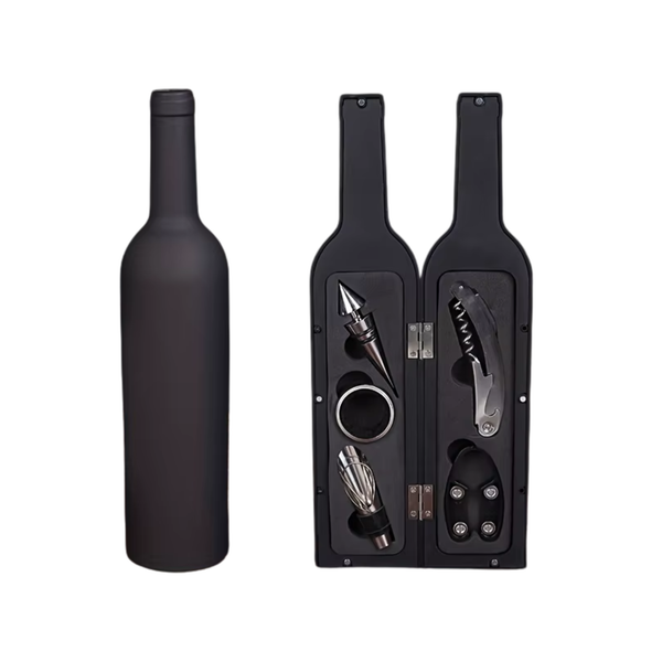 Wijn Tools Set - Cadeauset - 5 Accesoires in Fles - Opener, Foliesnijder, Fleskraag, Schenktuit en Wijnstopper - Geschenkset - Drank Cadeau - Flesopener / Wijnopener / Kurkertrekker - Moederdag / Vaderdag / Kerst / Verjaardag - Cadeauverpakking