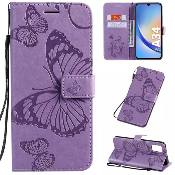Hoesje Vlinders Paars - Geschikt voor Samsung Galaxy A34 5G - Portemonnee Book Case - Boekje Met Kaarthouder / Pasjeshouder en Magneetsluiting - Booklet Beschermhoes