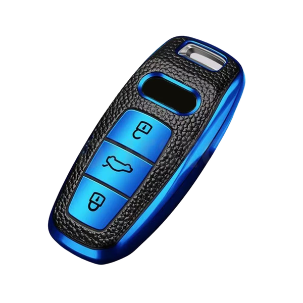 Kunst Leren Sleutelcover - Sleutelhoesje Geschikt voor Audi A3 / A4 / B9 / A6 / C8 / A7 / S7 / 4K / A8 / D5 / S8 / Q7 / Q8 / SQ8 / E-tron / 2018 / 2019 / 2020 / 2021 / 2022  - Zwart met Blauw - Key Cover - Auto Accessoires