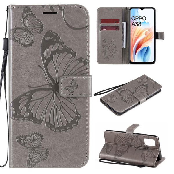 [EOL] Hoesje Vlinders Grijs - Geschikt voor OPPO A38  - Portemonnee Book Case - Boekje Met Kaarthouder / Pasjeshouder en Magneetsluiting - Booklet Beschermhoes - Boekhoesje met Draagkoord