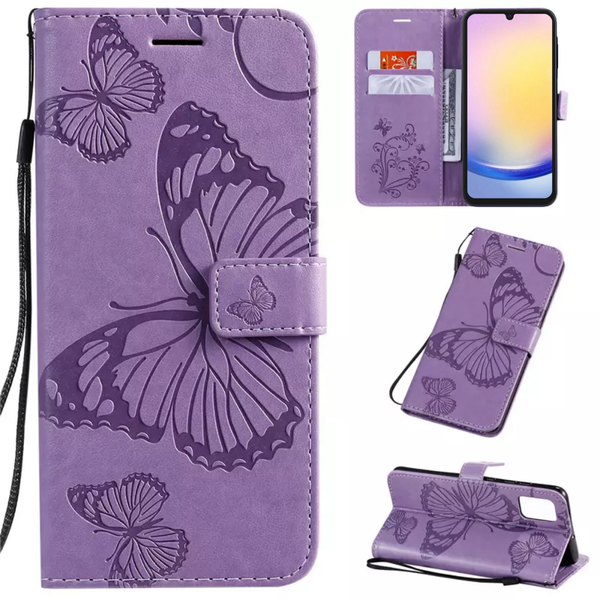 Hoesje Vlinders Paars - Geschikt voor Samsung Galaxy A25 - Portemonnee Book Case - Boekje Met Kaarthouder / Pasjeshouder en Magneetsluiting - Booklet Beschermhoes - Boekhoesje met Draagkoord