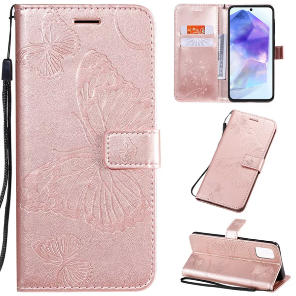 Hoesje Vlinders Roze - Geschikt voor Samsung Galaxy A55 - Portemonnee Book Case - Boekje Met Kaarthouder / Pasjeshouder en Magneetsluiting - Booklet Beschermhoes - Boekhoesje met Draagkoord