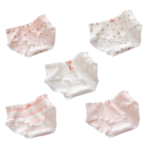 5 Pack - Schattige Dames Slip - Roze & Wit - Bloemetjes en Teddybeer Design - Kant met Strikje - Kawaii - Onderbroek 95% Katoen - Cute Dames Lingerie / Ondergoed Set - Maat L