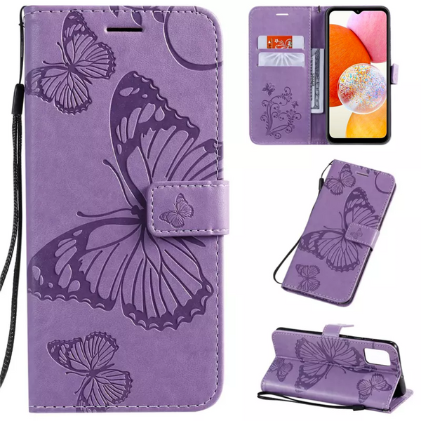 Hoesje Vlinders Paars - Geschikt voor Samsung Galaxy A14  - Portemonnee Book Case - Boekje Met Kaarthouder / Pasjeshouder en Magneetsluiting - Booklet - Wallet Beschermhoes - Telefoonhoesje