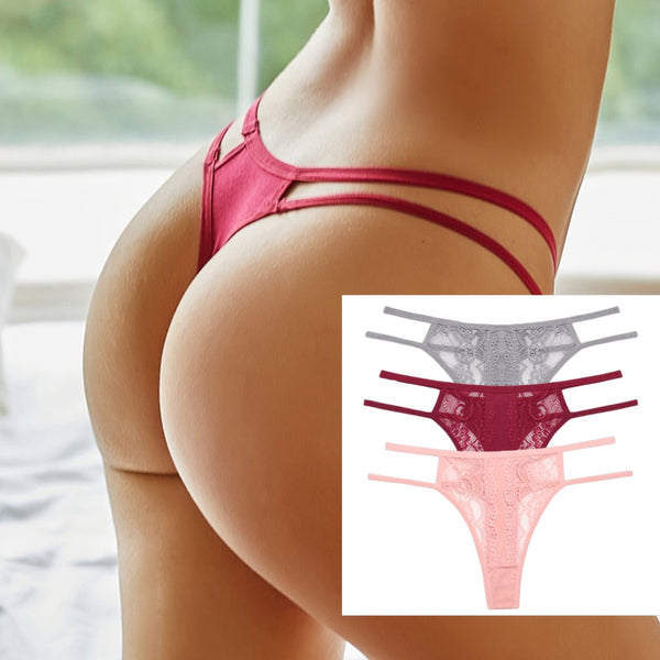 [EOL] Sexy Dames String met Kant - 3 Pack met Grijs, Rood & Roze - Vrouwen Lingerie / Ondergoed Set - Maat M
