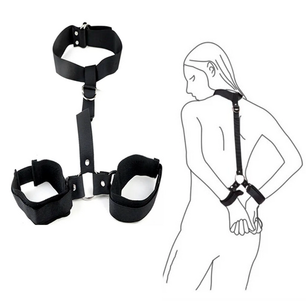 BDSM Bondage Harnas - Zwart - Stevig en Verstelbaar - Sex Toy - Handboeien - Hals - Sexy Dames / Heren Lingerie - One Size