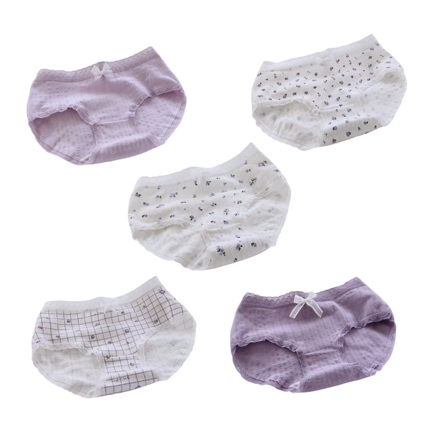 5 Pack - Schattige Dames Slip - Paars & Wit - Bloemetjes Design - Kant met Strikje - Kawaii - Onderbroek 95% Katoen - Cute Dames Lingerie / Ondergoed Set - Maat L