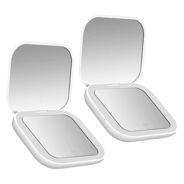 Set Van 2 Compacte Make-up Spiegeltjes Met LED-Verlichting Voor In De Handtas / Toillettas - Ideaal Voor Onderweg - Handzaam Formaat - Inclusief LED Verlichting - Oplaadbaar met USB Kabel- Wit