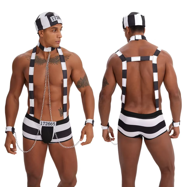 3-Delig Sexy Heren Kostuum - Boef / Gevangene - Boxer met Bretels, Muts, Kraag Met Polsbanden En Kettingen - Zwart & Wit - Mannen - Heren Lingerie - Vrijgezellenfeest - One Size