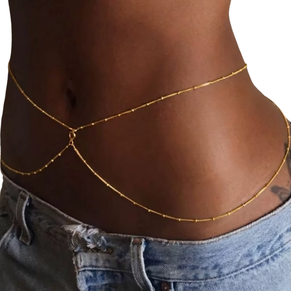 Belly Chain - Goud - Dubbele Ketting Met Bolletjes En Steentje - Buikketting Goudkleurig - Zomerse Tailleketting - Heupketting Dames - Buik Ketting