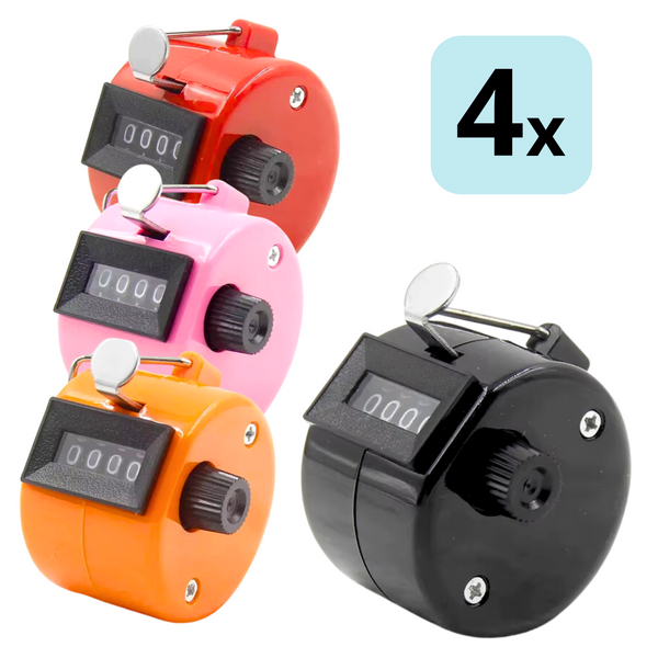 Handteller Set (4 Stuks) - Handmatige Klik Teller - Tally Counter - Personenteller - Teller - Zwart, Rood, Roze en Oranje - 4 Cijfers