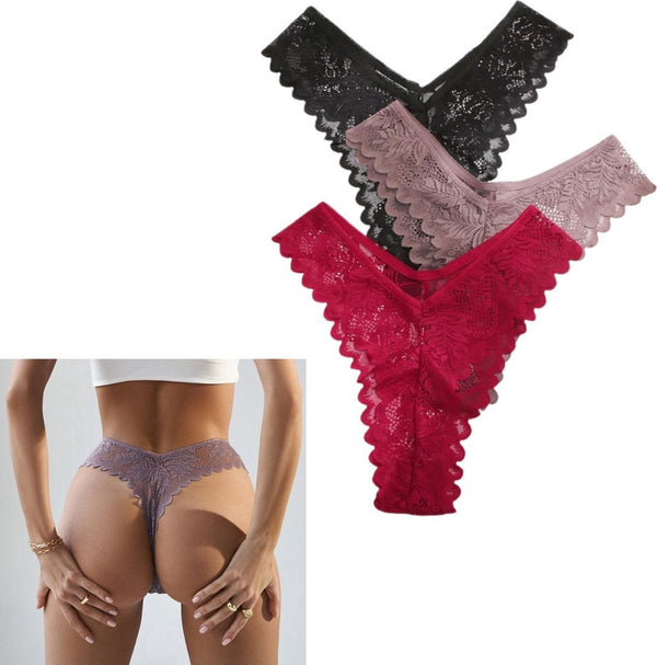 [EOL] High Waist Dames String met Kant - 3 Pack met Zwart, Nude & Rood - Vrouwen Lingerie / Ondergoed Set - Maat L
